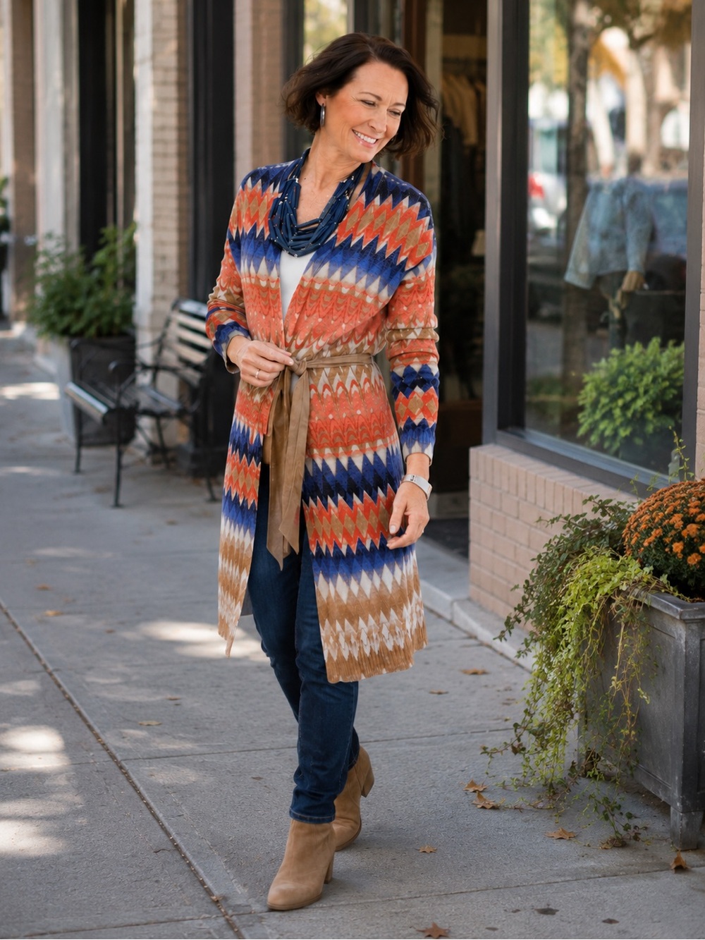 Chicos 2 Cardigan Ikat Freya Tie Waist Knit Long Sleeve Boho